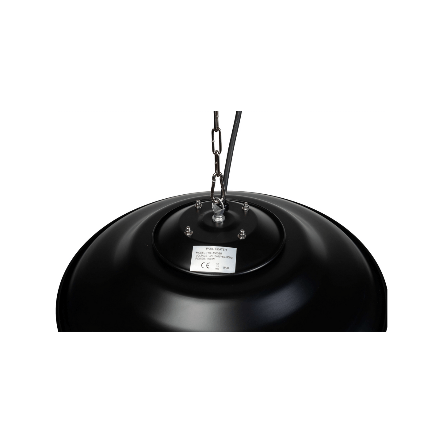 Hangende zwarte Heatix terrasverwarmer of heater met 1500 Watt en infraroodlicht