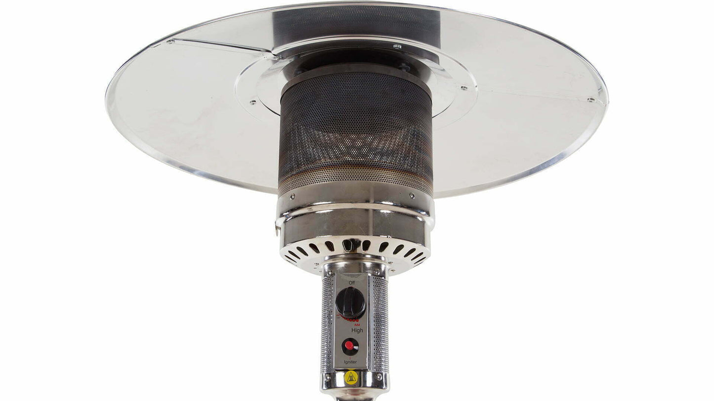 De kap van een grijze staande Sargas gas terrasverwarmer met 14000 Watt